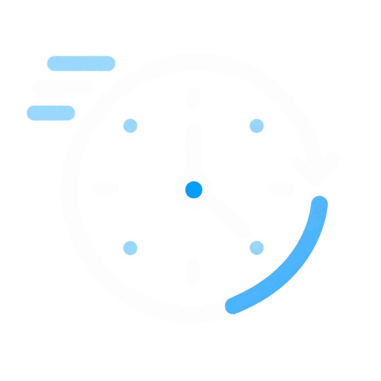 Clock face showing hands at 12 and 4 with an arrow curving clockwise around the clock