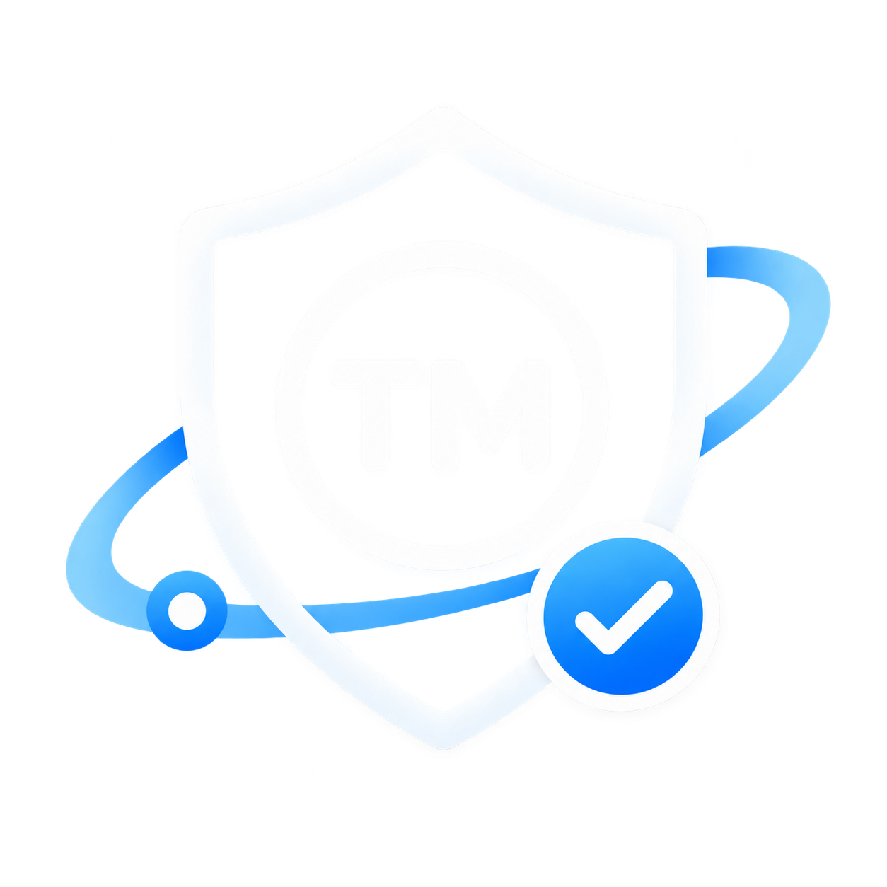 Shield with TM trademark symbol surrounded by an orbit ring and a blue checkmark badge.