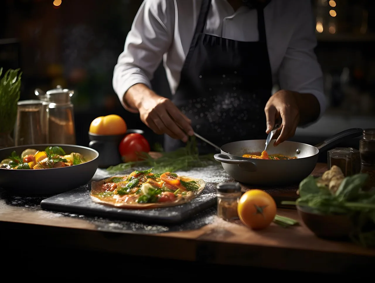 A cook plating a dish at the stove, with pans of vegetables and a pizza on the board beside them