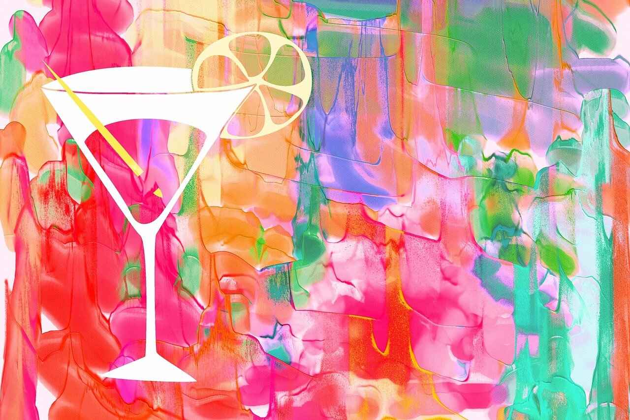 A brightly coloured abstract painting of a cocktail glass from a paint night at 14 Acres