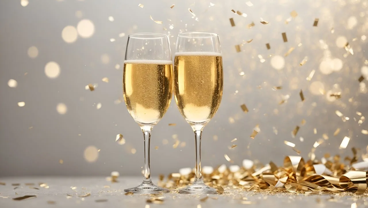 Two flutes of sparkling wine with gold confetti falling around them