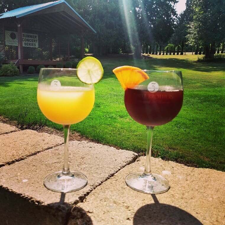 Two wine cocktails garnished with lime and orange on a stone path beside the lawn at 14 Acres