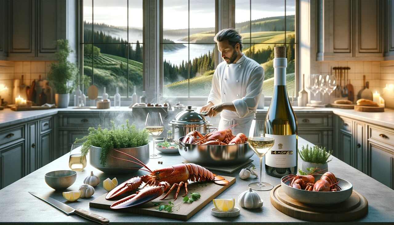 A cook preparing seafood in a bright kitchen with a bottle of white wine and a view over the vineyard