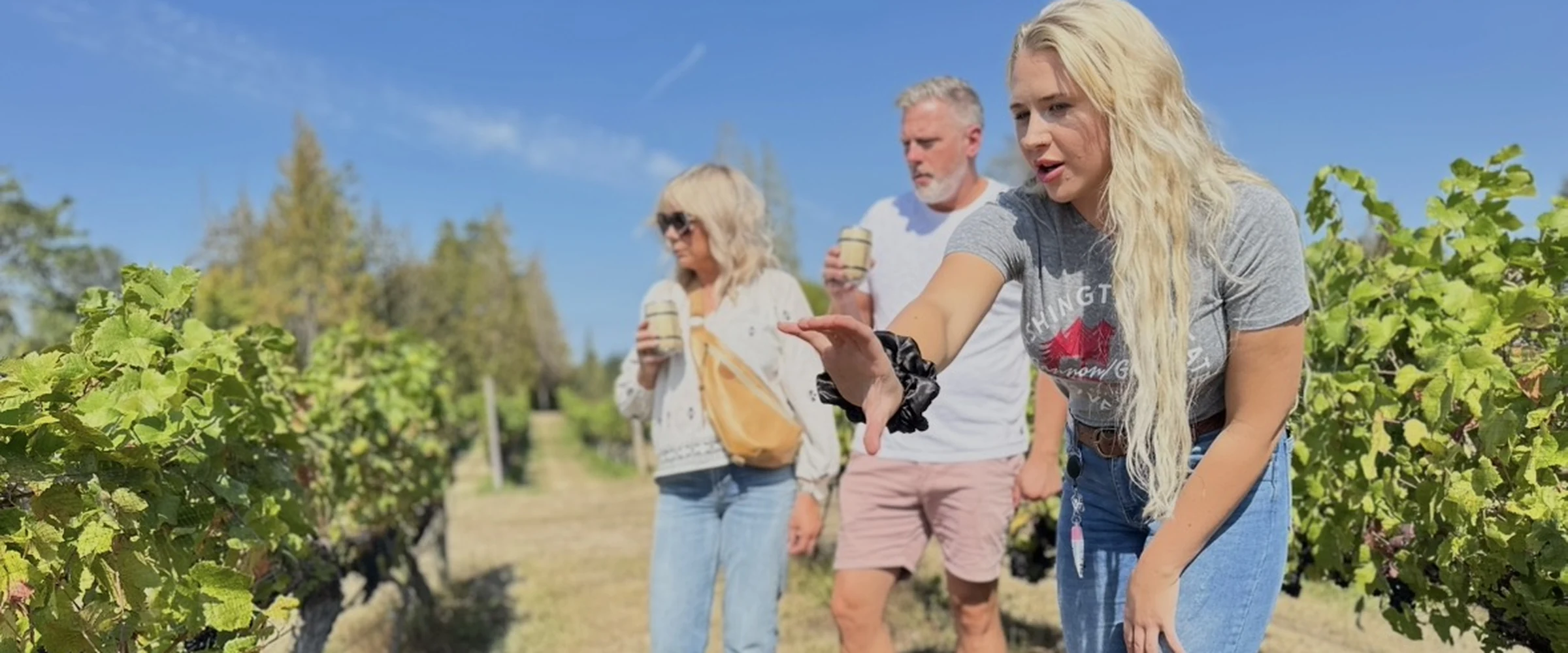 Guests walking the vineyard rows during harvest at 14 Acres Vineyard & Winery