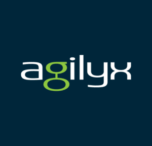 Agilyx logo in white and green lettering on a dark navy background