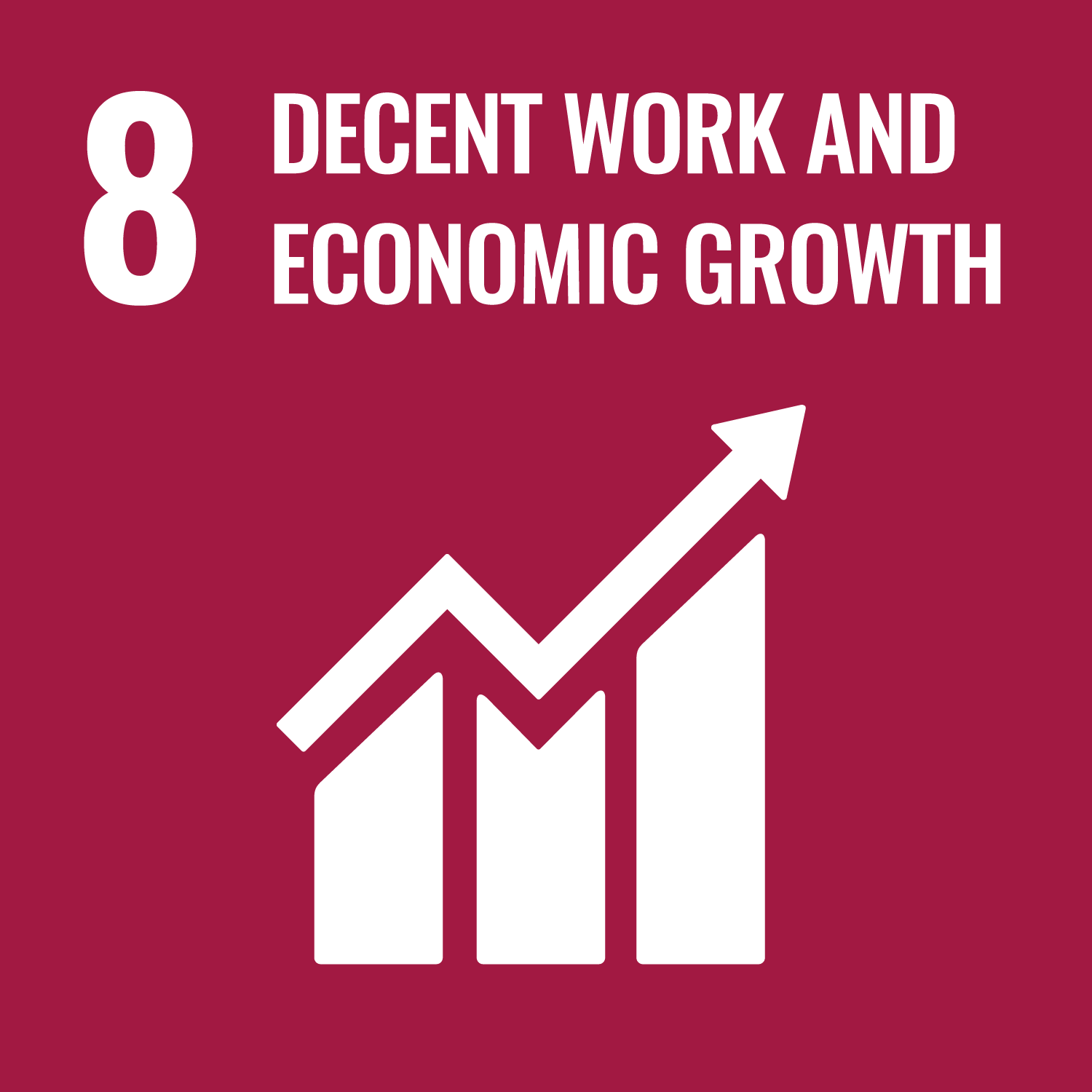 UN Sustainable Development Goal 8 icon: Decent Work and Economic Growth, with a rising bar chart and arrow