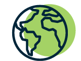Two-color globe icon in navy and green representing global reach or international operations.