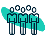 Icon of three people in teal representing a team or community
