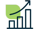Icon of an ascending bar chart with an upward trend line in navy and green