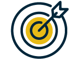 Bullseye target icon with an arrow hitting the center, in navy and yellow