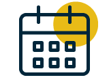Two-color calendar icon in navy and yellow representing scheduling or event dates.