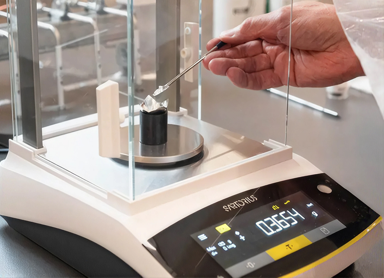 Lab technician weighing a foil sample on a Sartorius precision balance during quality testing