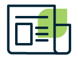 Two-color line icon of a news article with an image placeholder and text lines, representing press or news content.