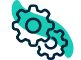 Teal and navy two-gear icon representing engineering and process technology