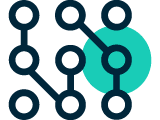 Icon of connected circular nodes in navy and teal representing technology and data connectivity