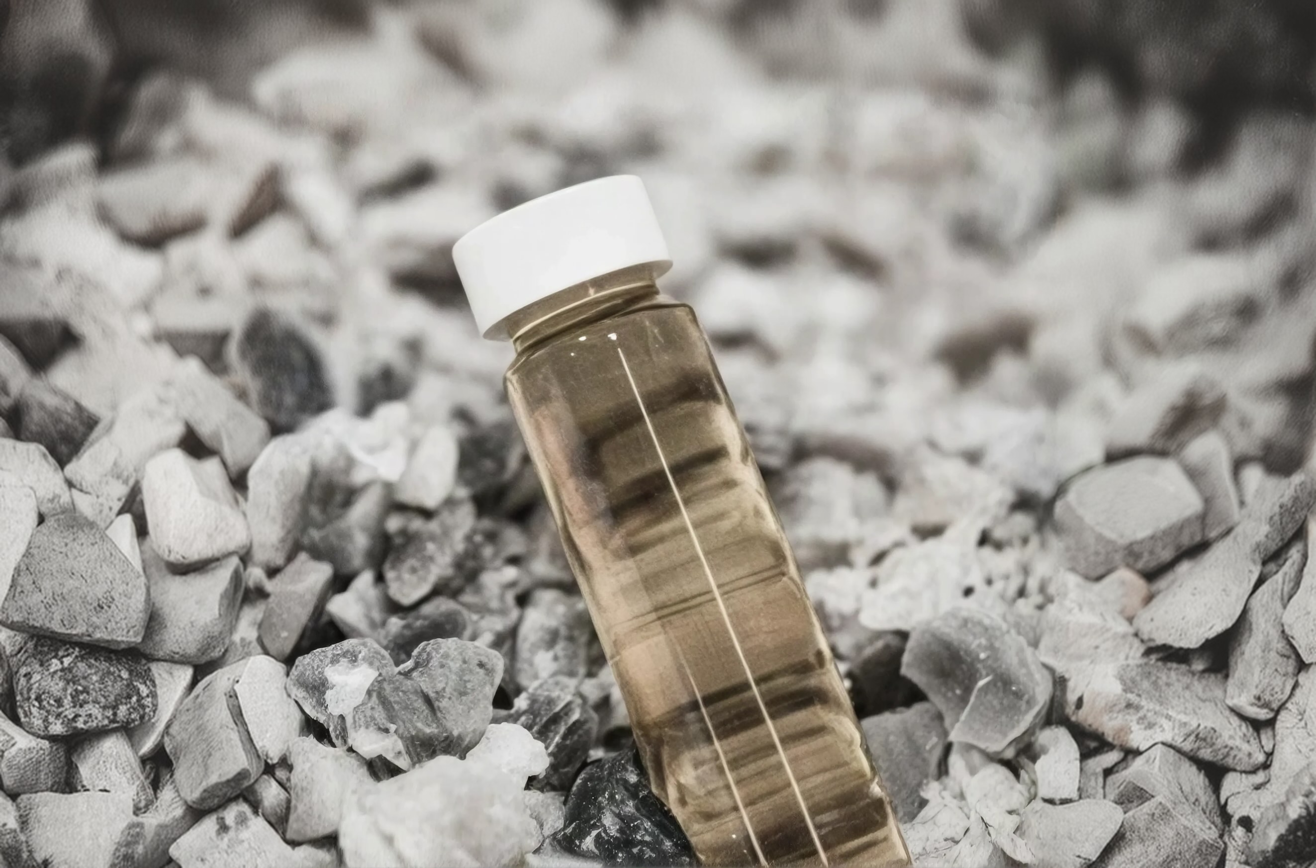 Glass sample bottle of dark depolymerized pyrolysis oil standing on crushed aggregate
