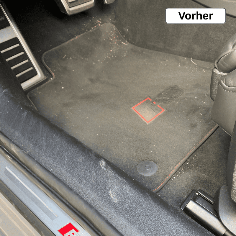 Verschmutzte Einstiegsleisten und Fußmatten vor der Reinigung vor Ort