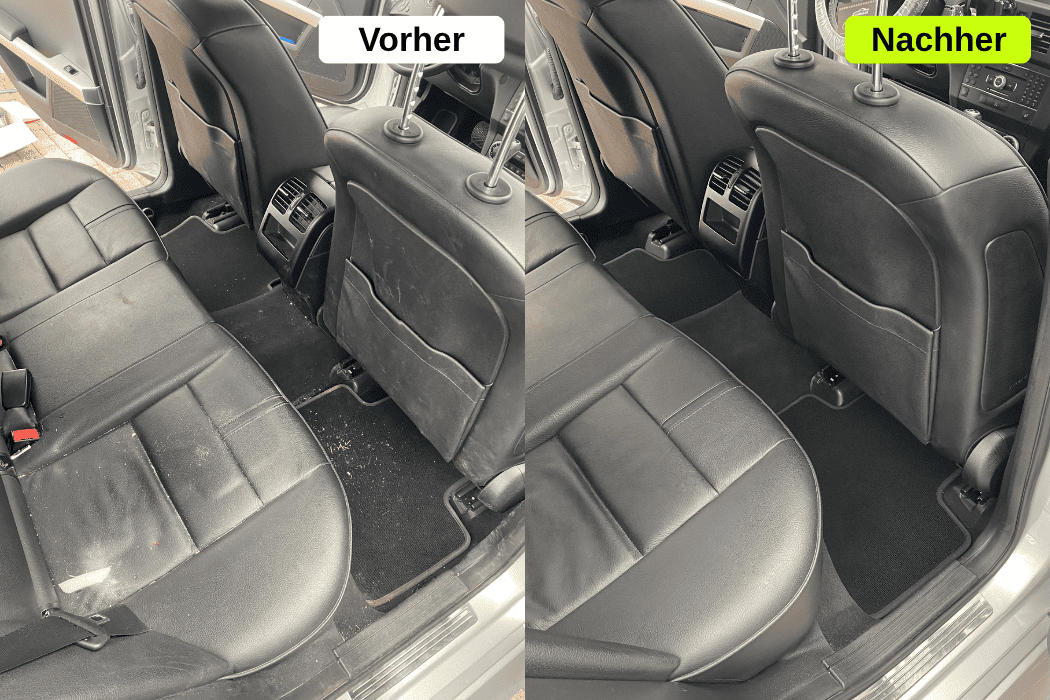 Mobile Auto-Innenreinigung im Umkreis von Augsburg: Intensivreinigung einer stark verschmutzten hinteren Sitzbank (rechts) eines Mercedes-Modells.