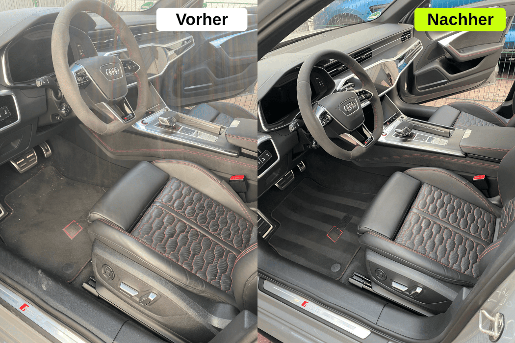 Komplette Cockpit-Aufbereitung mobil vor Ort in Augsburg: Fahrertür, Lenkrad, Armaturen und Fußraum eines Premium-Autos professionell gereinigt.