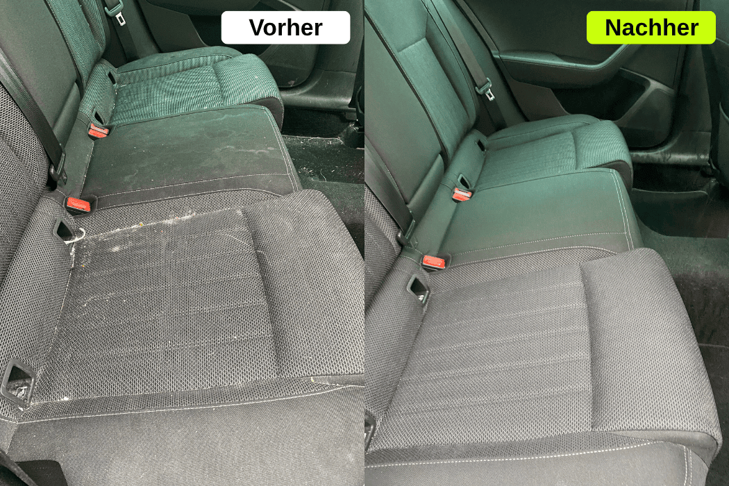 Vorher-Nachher-Vergleich einer professionellen Polsterreinigung und Sitzreinigung im Auto durch WS Detailing, mobil beim Kunden vor Ort in Augsburg.