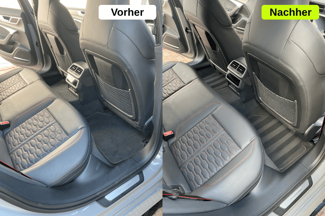 Professionelle mobile Innenraumreinigung: Sauber gepflegte Rückbank (rechts) eines Fahrzeugs nach der Aufbereitung in der Region Augsburg.