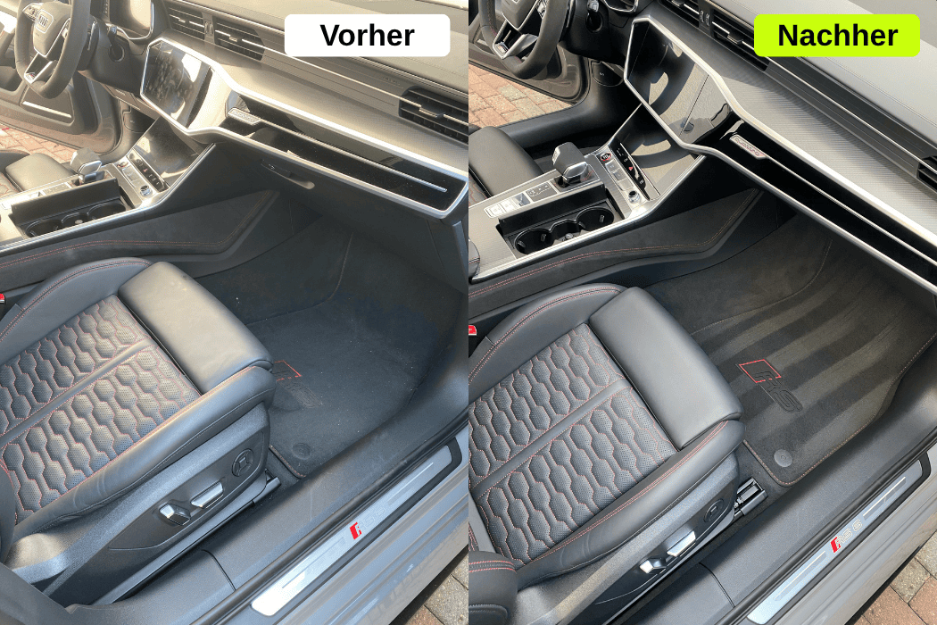 Mobile Autoaufbereitung im Umkreis von Augsburg: Detailreiche Innenraumreinigung der Beifahrertür und des Fußraums eines RS6 Performance durch WS Detailing.