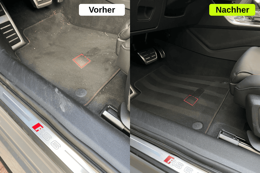 Mobile Fahrzeugpflege in Augsburg & Umgebung: Detailreinigung von Fußmatten, Einstiegsleisten und Pedalerie eines Sportwagens durch WS Detailing.