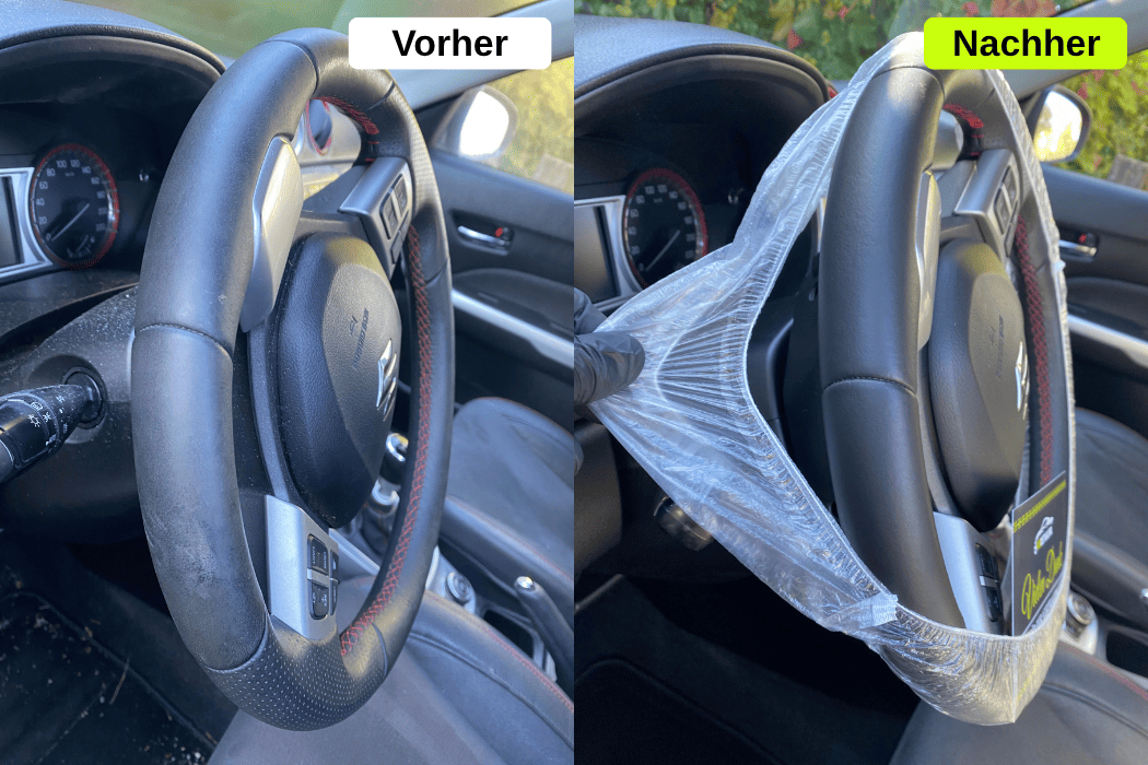 Vorher-Nachher-Vergleich einer professionellen Lenkradreinigung von WS Detailing: Links ein stark verschmutztes, abgegriffenes Lenkrad, rechts das perfekt gereinigte Lenkrad im Neuzustand – selbst hartnäckiger Schmutz komplett entfernt.