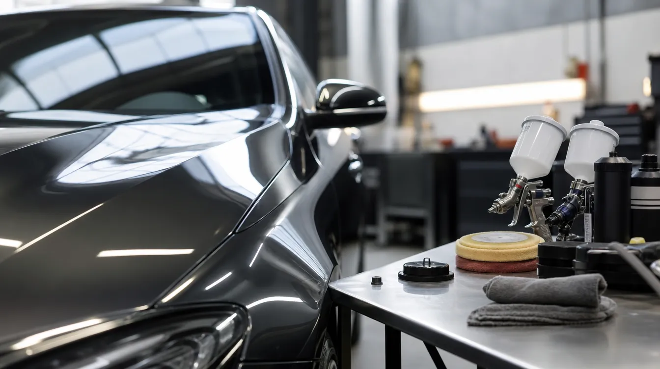 Repaired car alongside spray guns and detailing tools in the Smart Spray Bodywork workshop