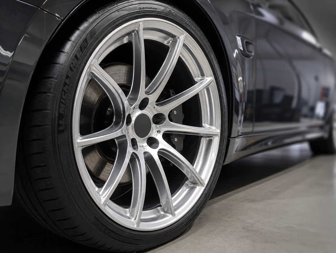 Refurbished gloss alloy wheel after kerb damage repair