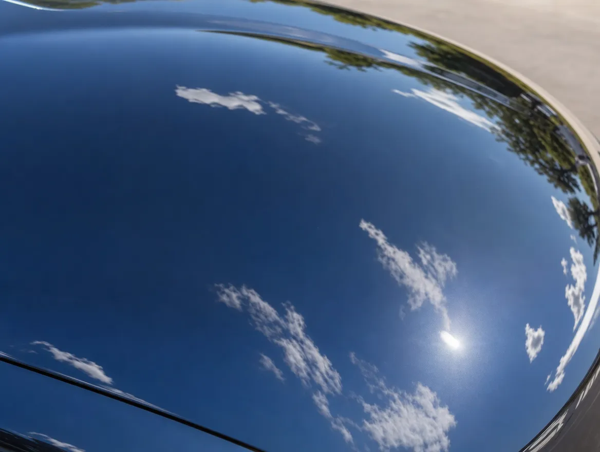 Swirl-free glossy car paint finish after machine polishing