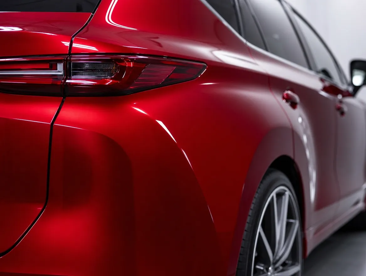 Freshly resprayed car panel in vibrant factory-match paint