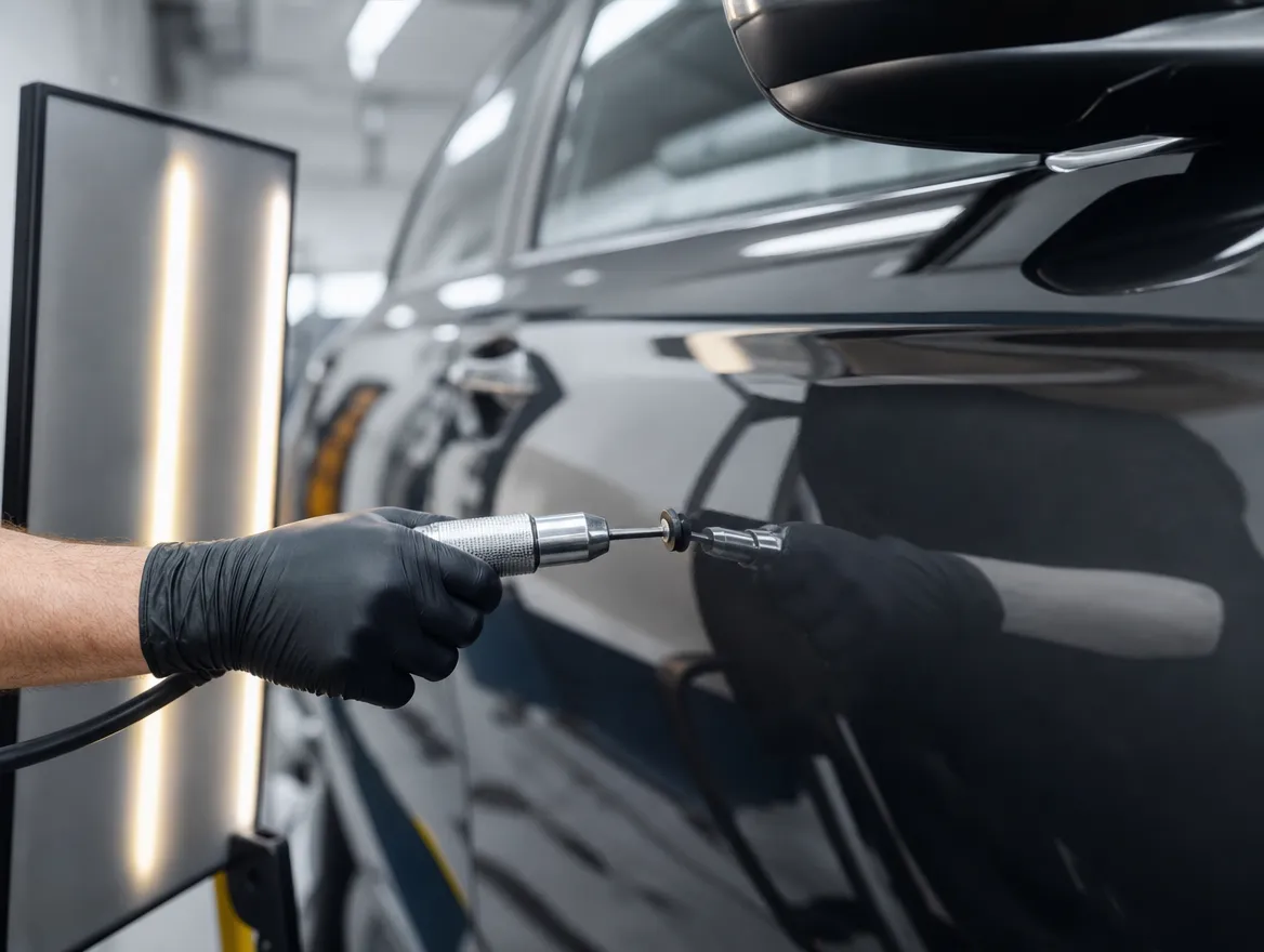 Paintless dent removal tool being used on a car door panel