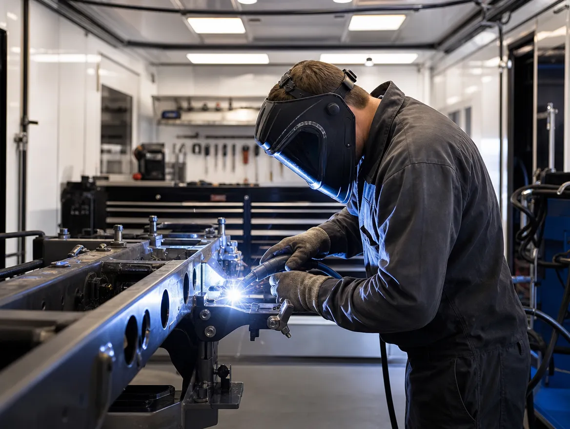 Technician carrying out a welding repair on a car sill