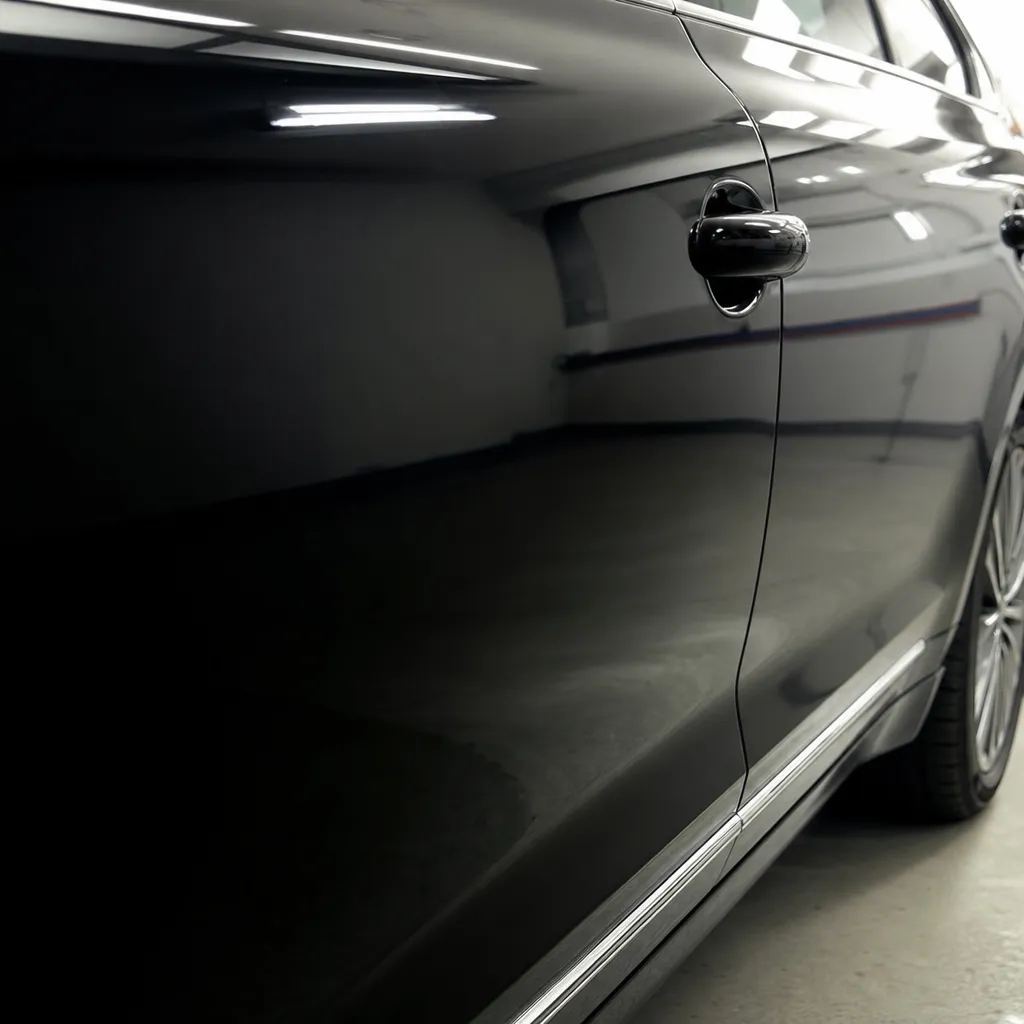 Finished smart repair on a glossy black car door panel