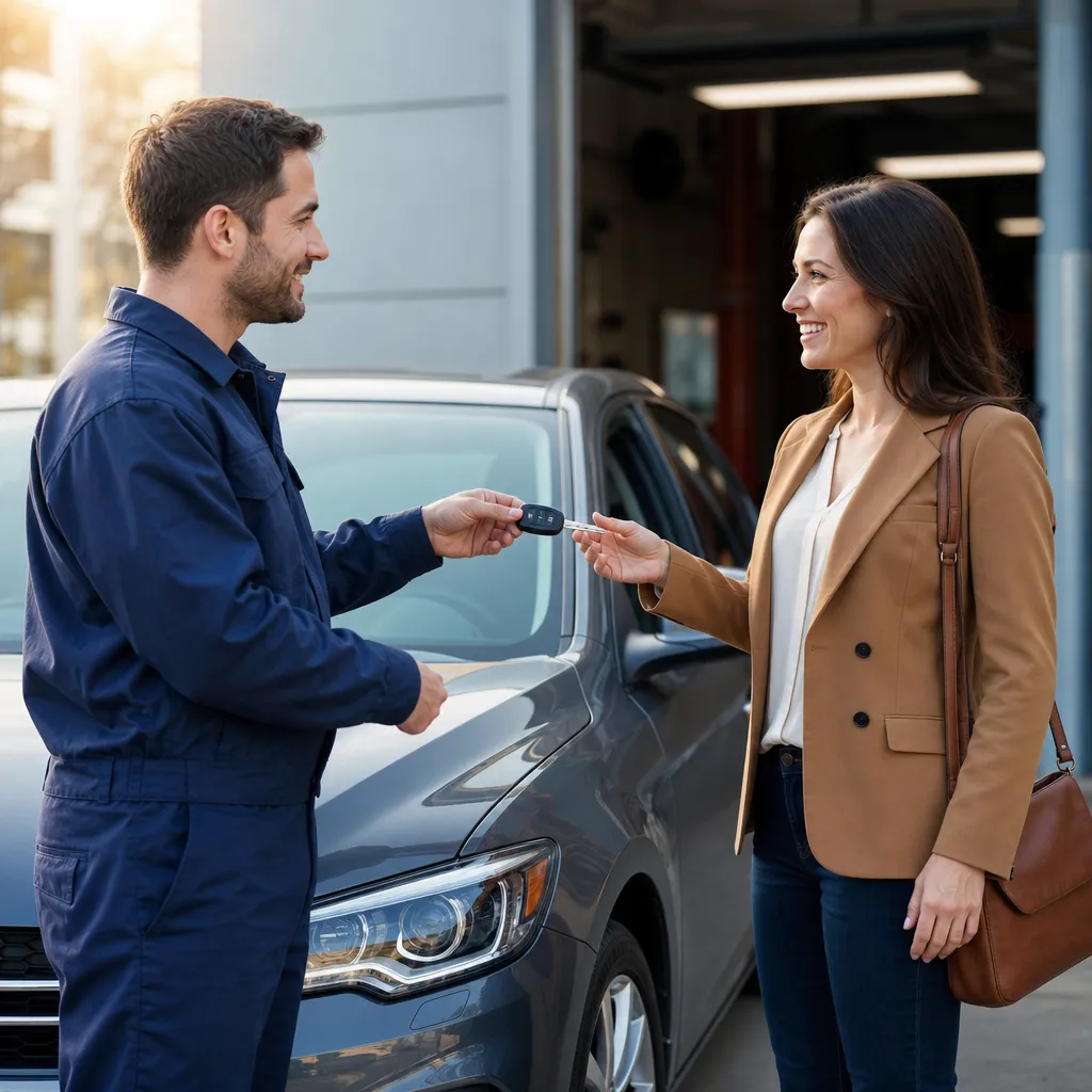 Technician handing over the keys to a customer after an accident repair
