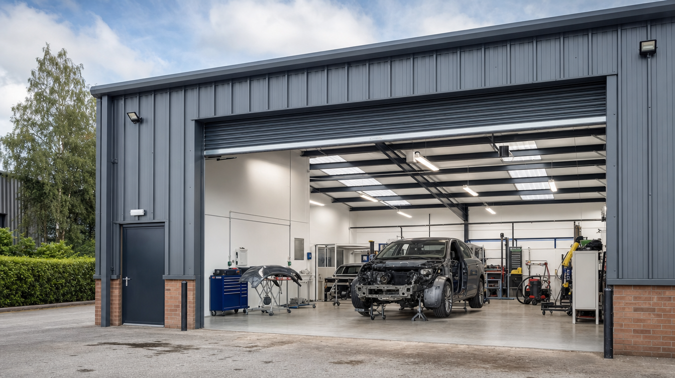 Workshop with a car being repaired inside