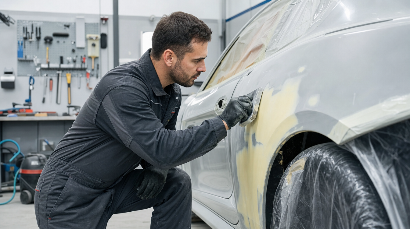 Technician working on a car panel inside the Smart Spray Bodywork workshop