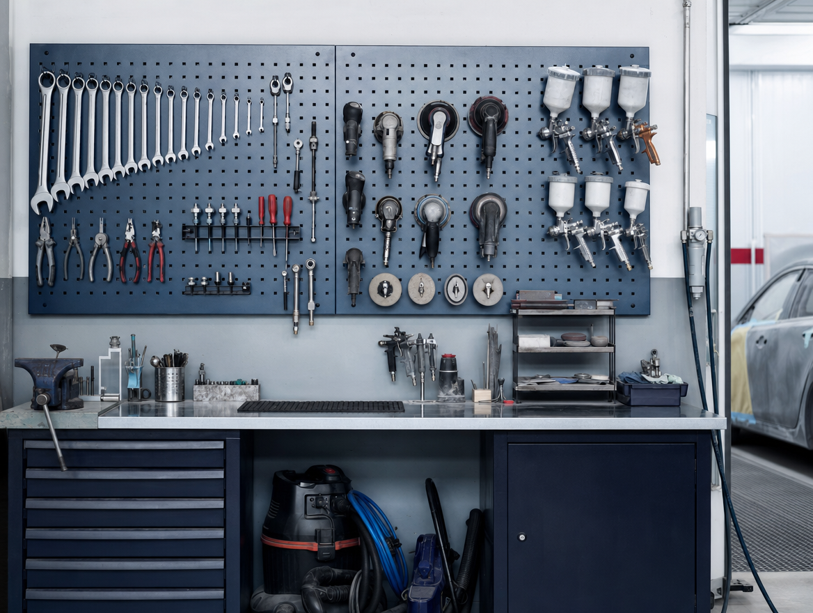 Organized tool wall inside the workshop