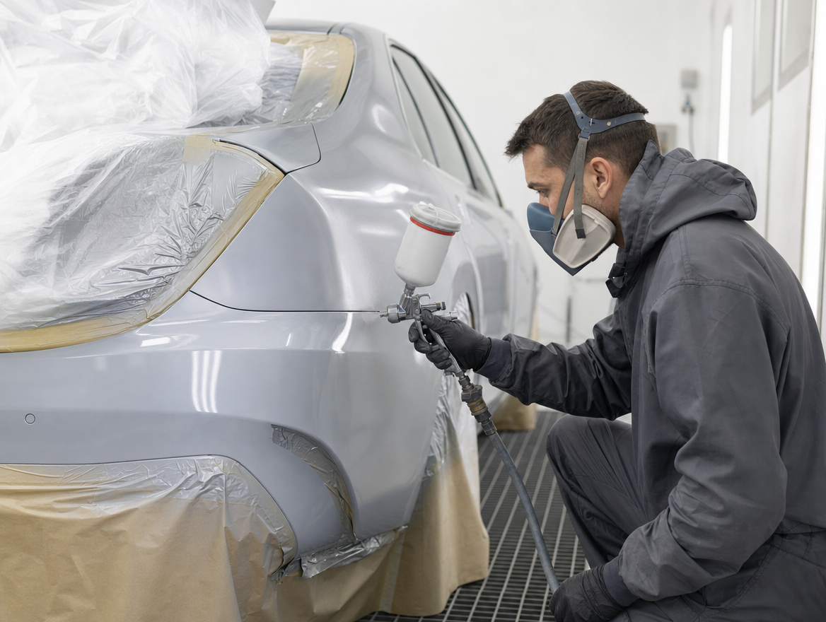 Technician colour matching a bumper repair in the Smart Spray Bodywork workshop