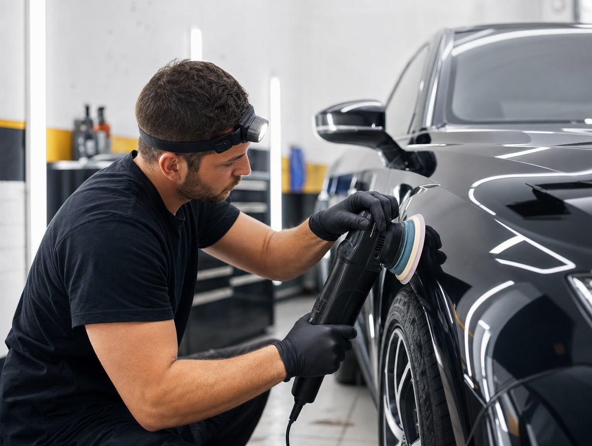 Technician machine polishing a car finish inside the workshop