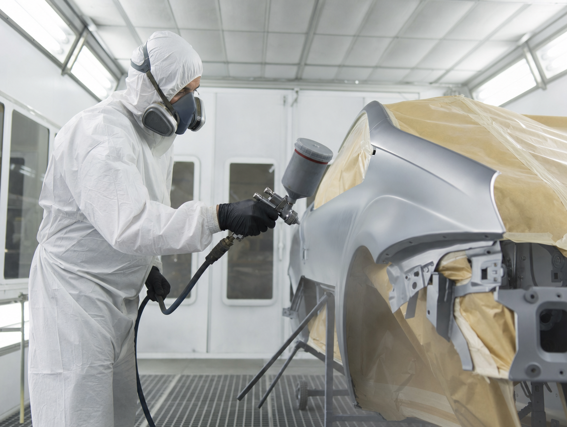 Technician spraying a car panel inside Smart Spray Bodywork's dedicated spray booth