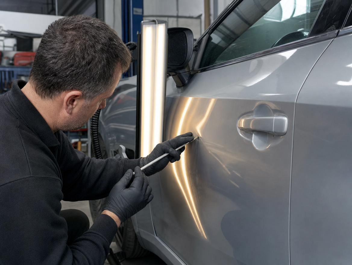 Technician performing paintless dent removal inside the workshop