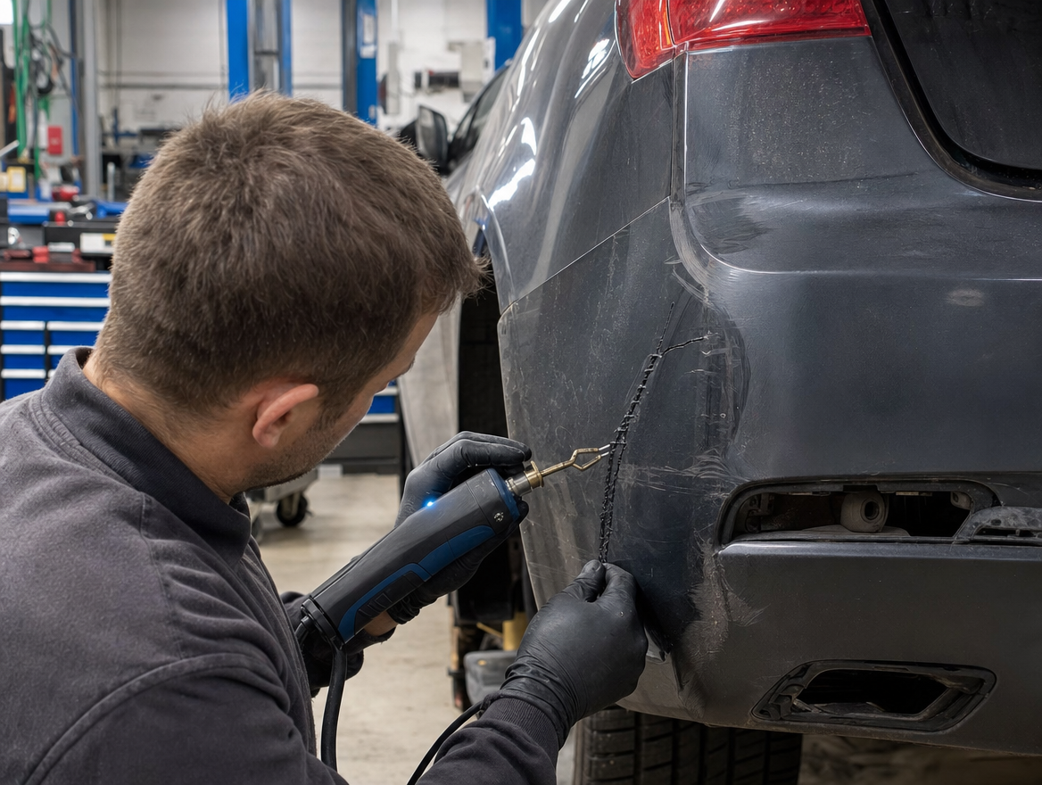 Technician repairing a bumper with plastic welding inside the workshop