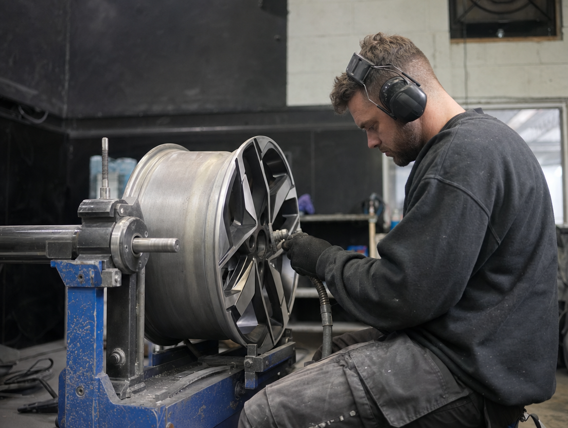 Technician refurbishing an alloy wheel inside the workshop