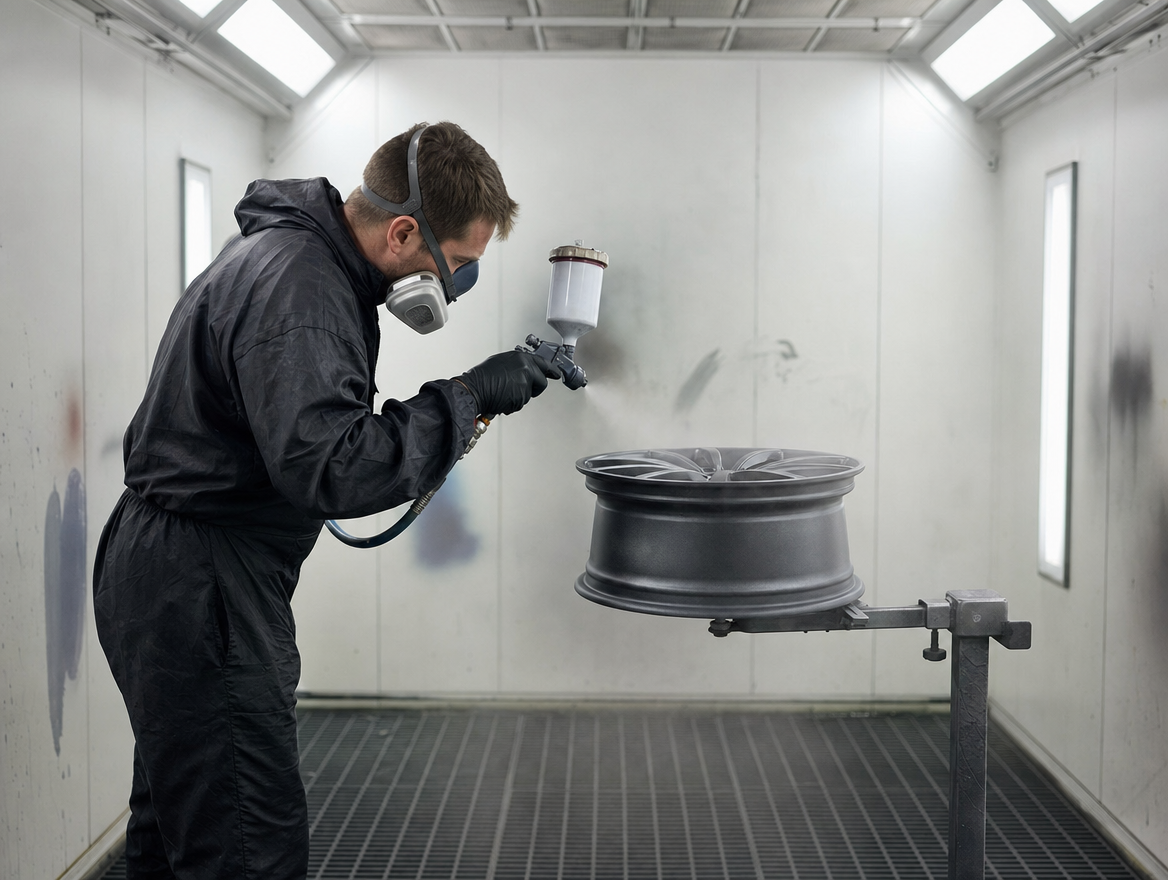 Technician spray painting a panel inside the dedicated spray booth