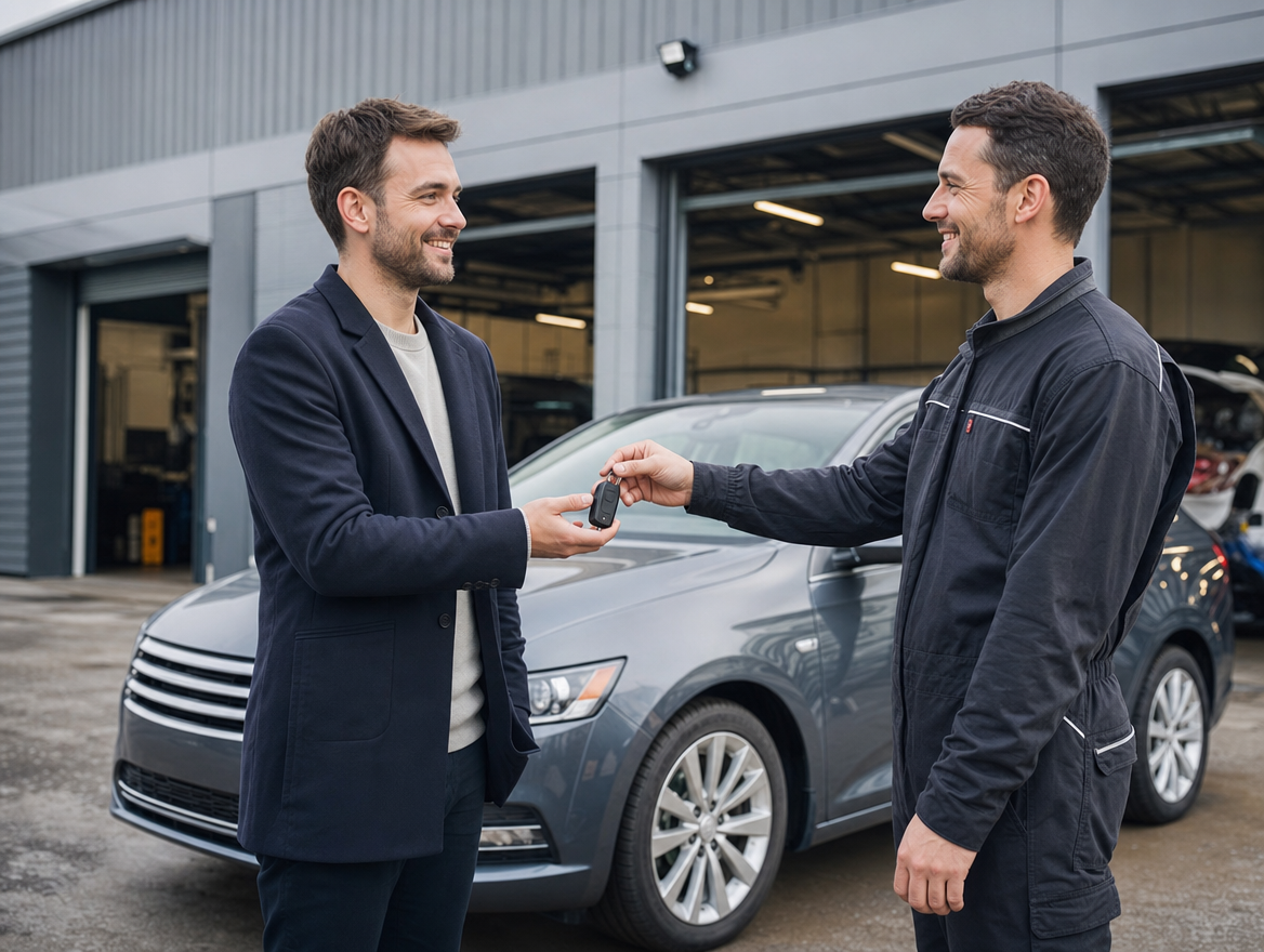 Happy customer picking up their repaired car at Smart Spray Bodywork's workshop