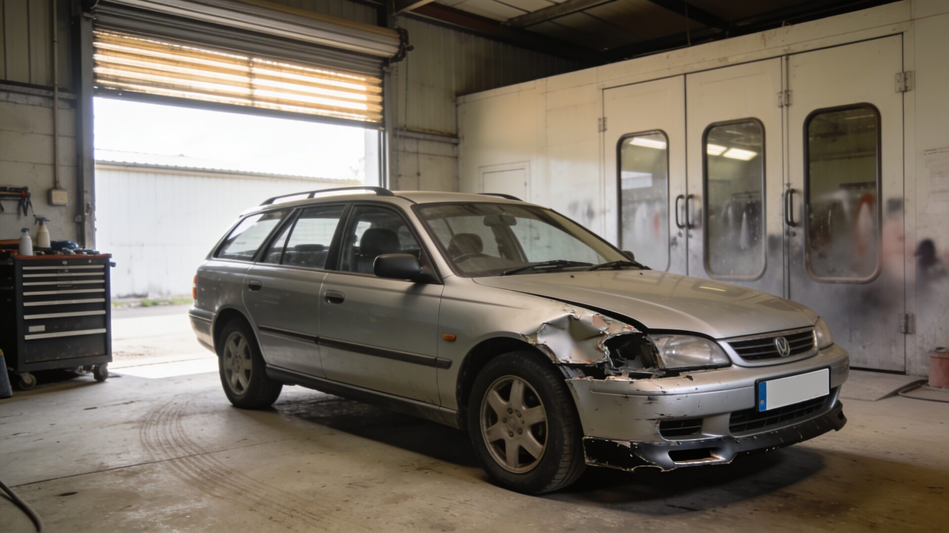 Accident damaged car in the repair bay at Smart Spray Bodywork's Bury St Edmunds workshop