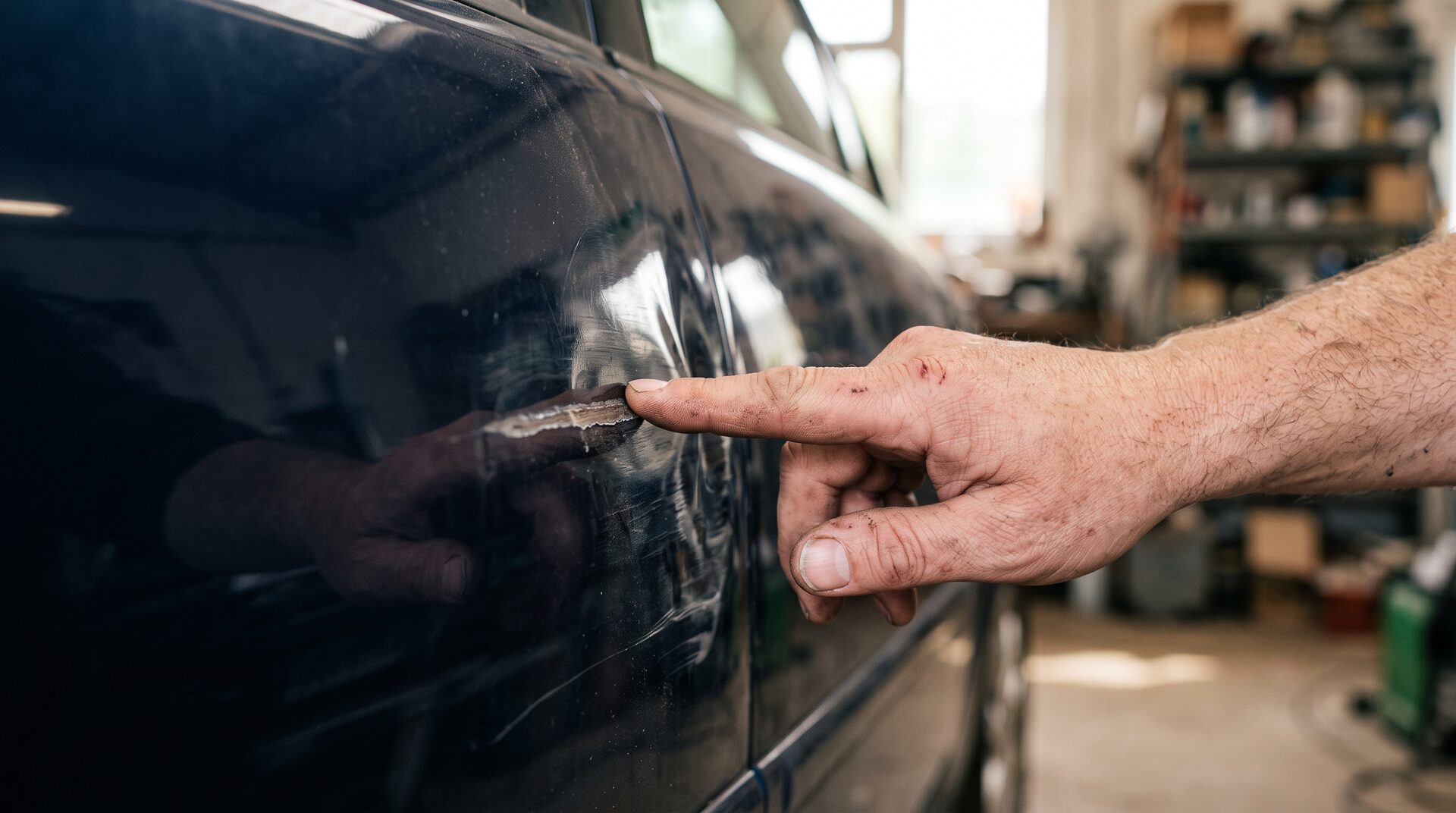 Technician inspecting accident damage to a car wing at Smart Spray Bodywork in Bury St Edmunds