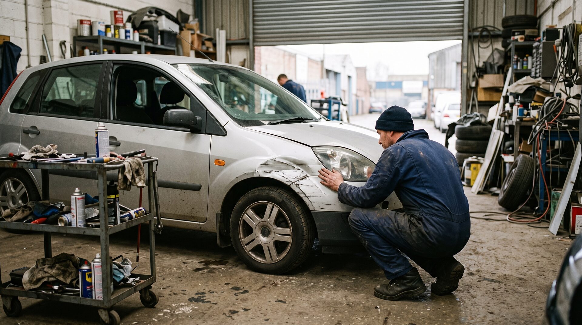 Technician crouched at a damaged front wing inspecting the damage at Smart Spray Bodywork in Bury St Edmunds